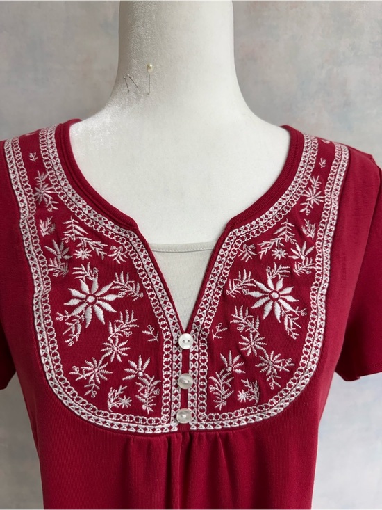 Rebecca Malone Tops - Rebecca Malone Crimson  Red Summer Top with white floral Embroidery along V Neck